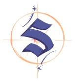 Logo of the Scarland Artbook, it is a lage S shape in purple with a circled star behind it.